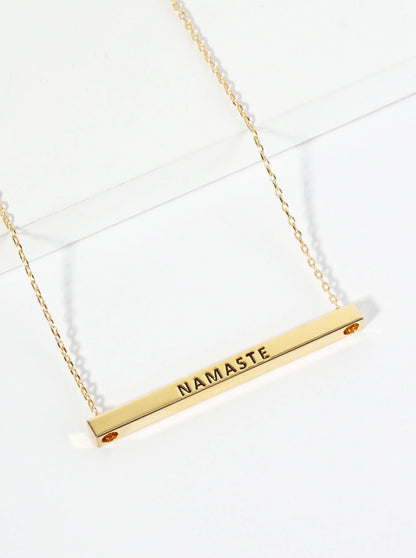 Namaste Engraved 18K Gold Dipped Horizontal Brass Bar Pendant Inspirational Necklace