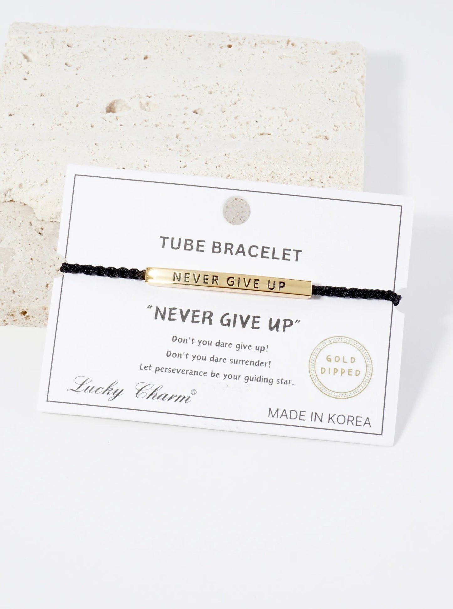 Never Give Up Engraved 18K Gold Dipped Curved Brass Tube Bar Adjustable Pull Tie Bracelet