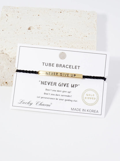 Never Give Up Engraved 18K Gold Dipped Curved Brass Tube Bar Adjustable Pull Tie Bracelet