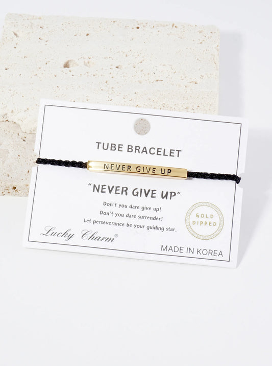 Never Give Up Engraved 18K Gold Dipped Curved Brass Tube Bar Adjustable Pull Tie Bracelet