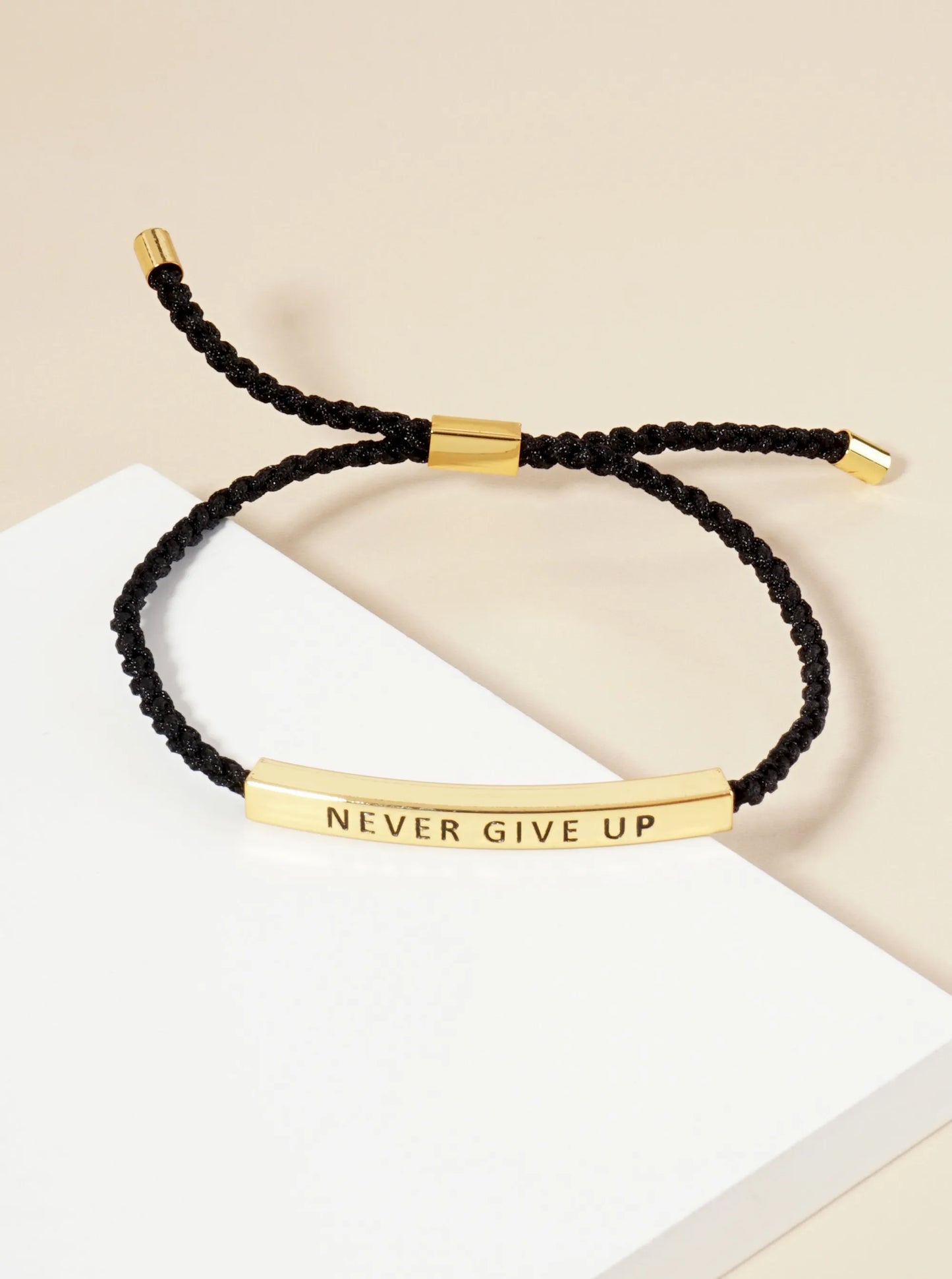 Never Give Up Engraved 18K Gold Dipped Curved Brass Tube Bar Adjustable Pull Tie Bracelet