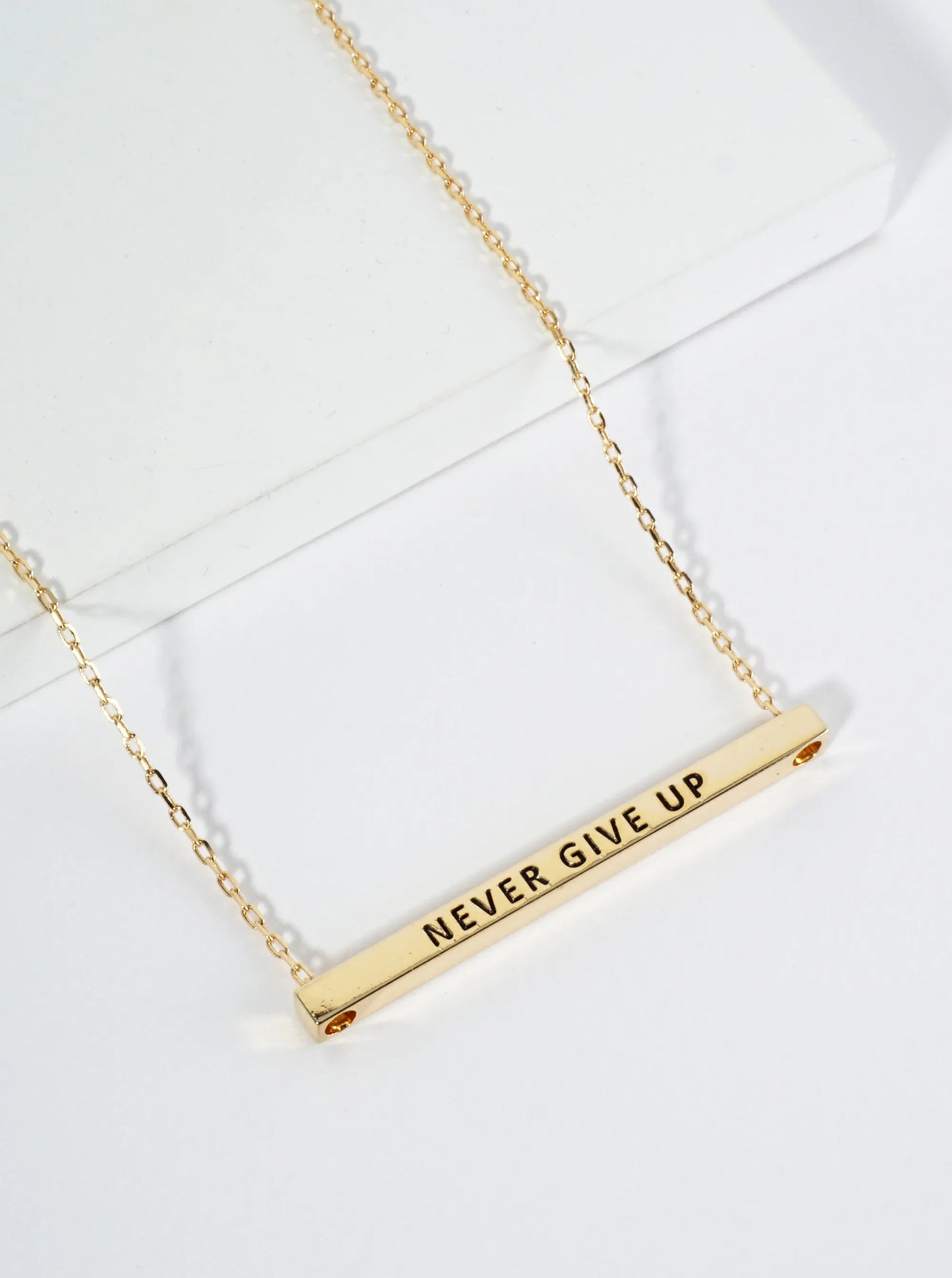Never Give Up Engraved 18K Gold Dipped Horizontal Brass Bar Pendant Inspirational Necklace