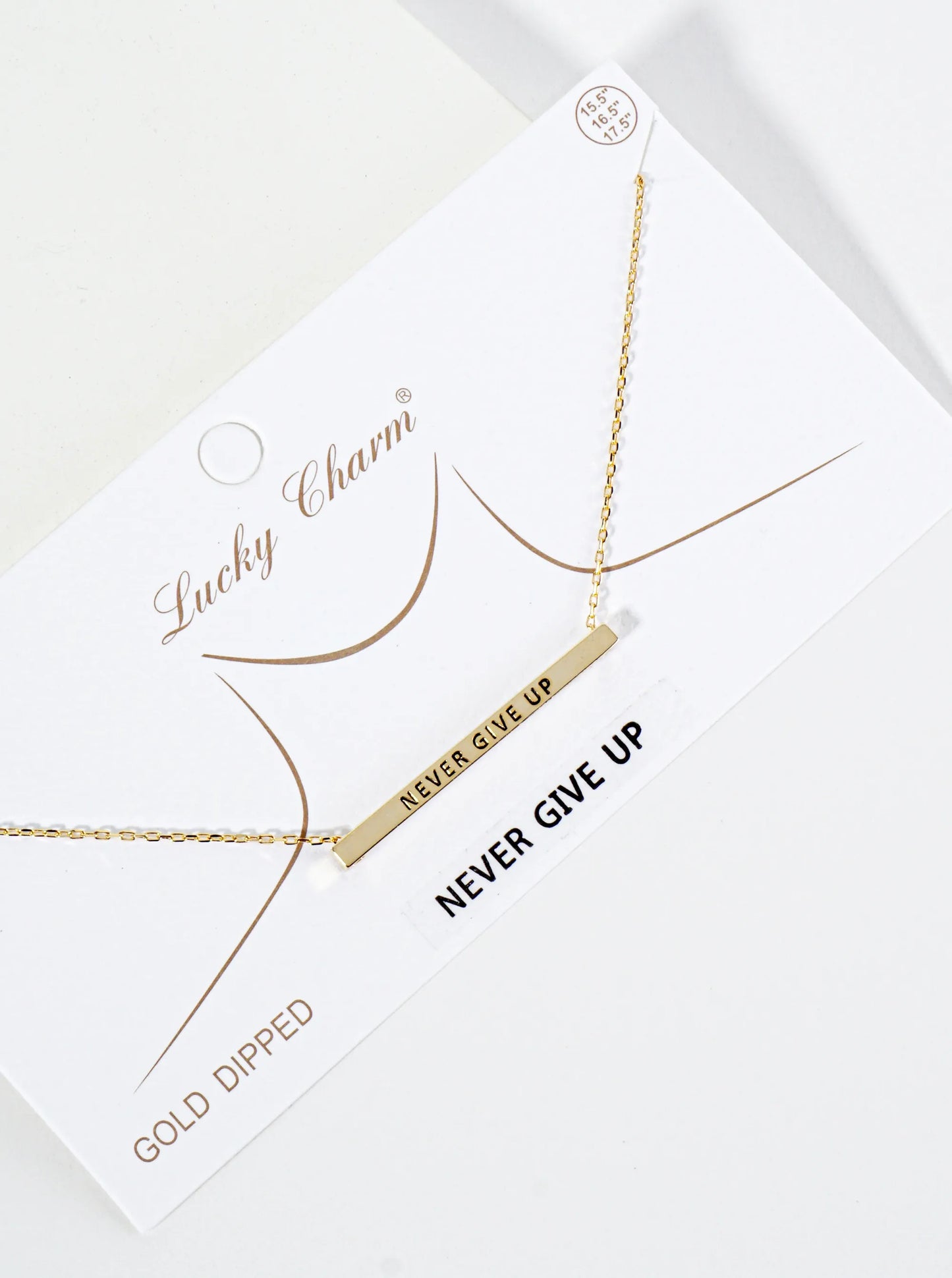 Never Give Up Engraved 18K Gold Dipped Horizontal Brass Bar Pendant Inspirational Necklace
