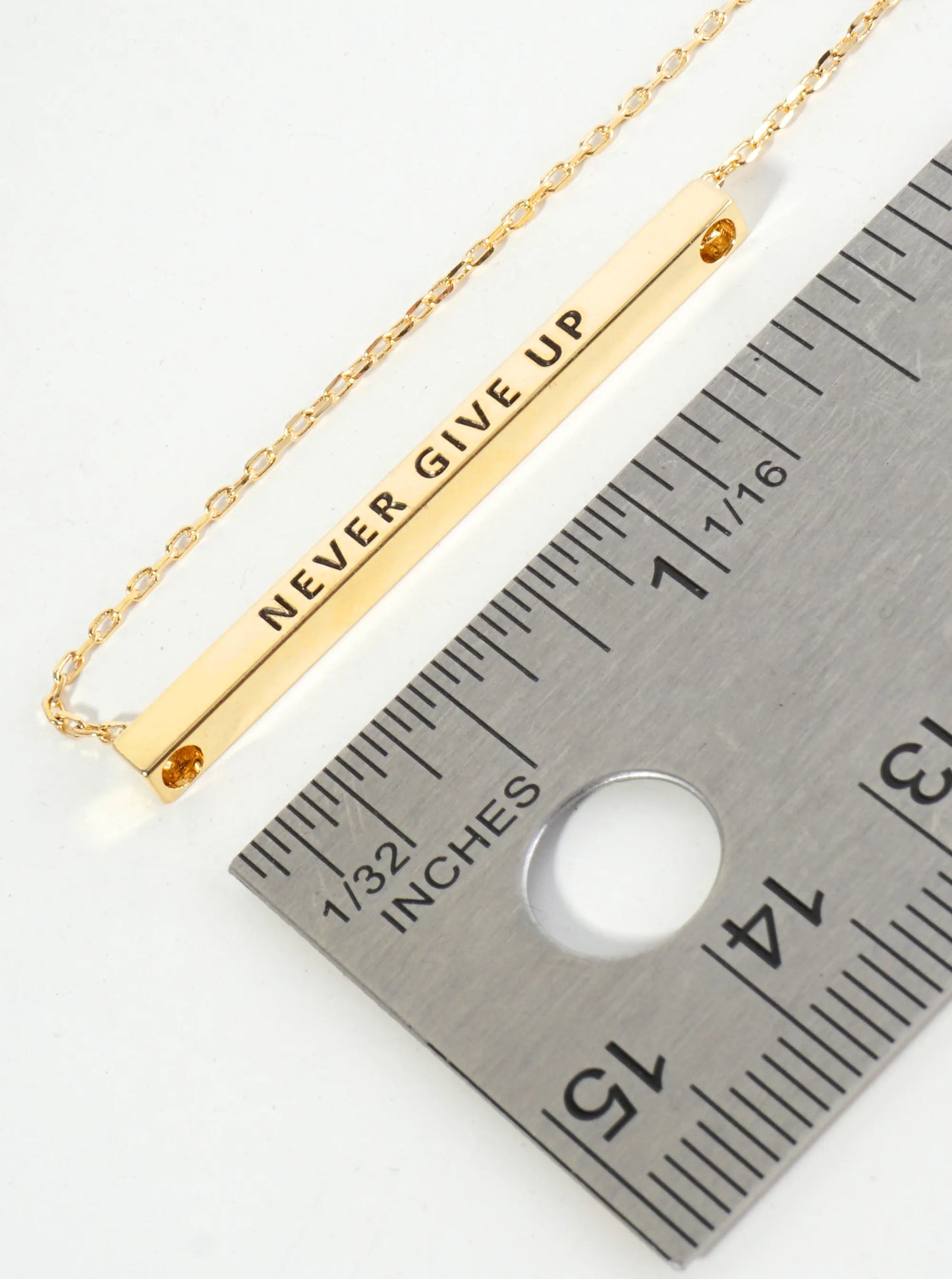 Never Give Up Engraved 18K Gold Dipped Horizontal Brass Bar Pendant Inspirational Necklace