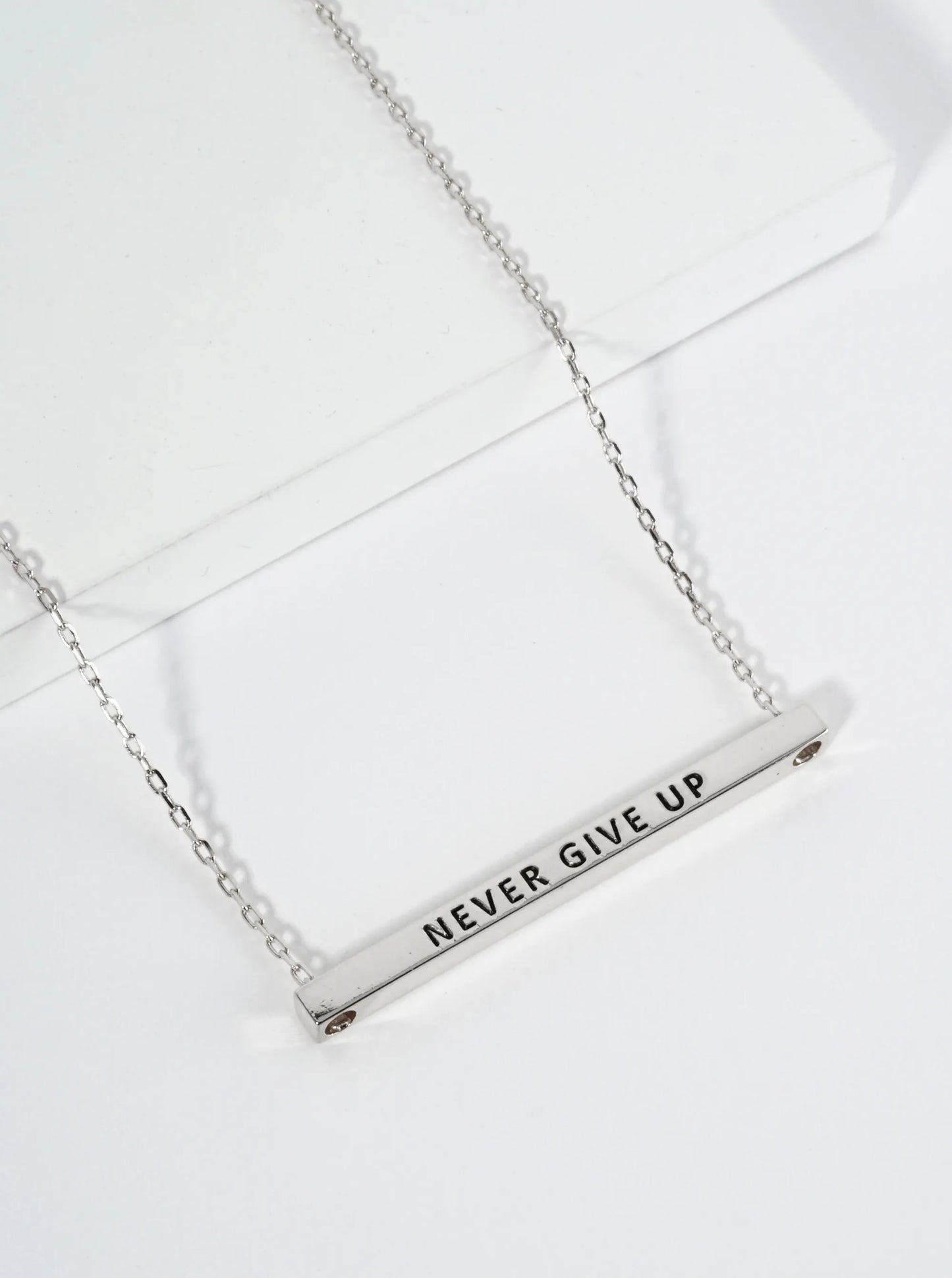 Never Give Up Engraved 18K Gold Dipped Horizontal Brass Bar Pendant Inspirational Necklace