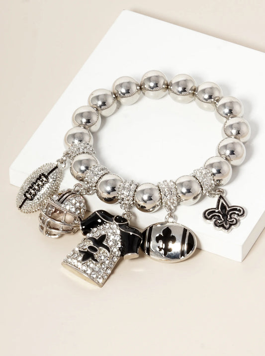 New Orleans Saints Fleur De Lis Rhinestone Football Stretch Bracelet