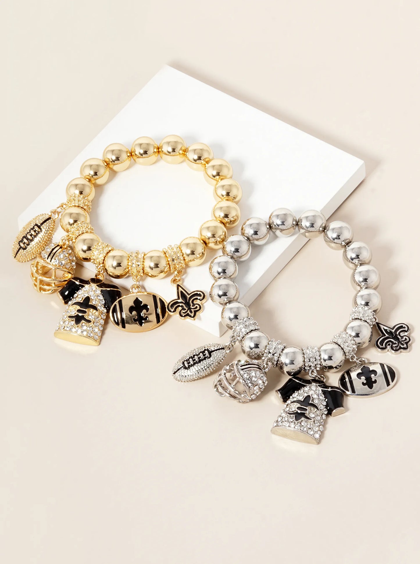 New Orleans Saints Fleur De Lis Rhinestone Football Stretch Bracelet