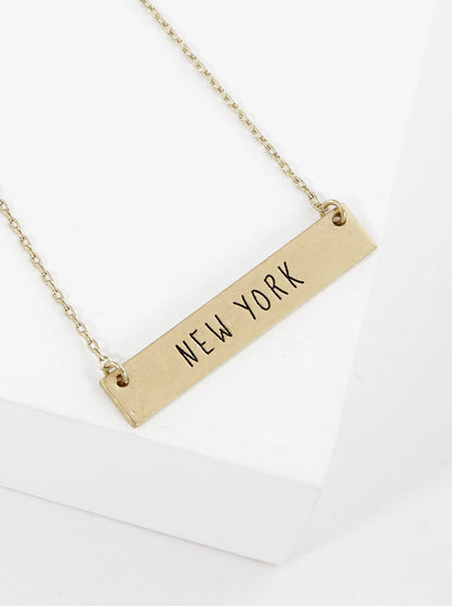 New York Engraved Horizontal Bar Pendant Necklace