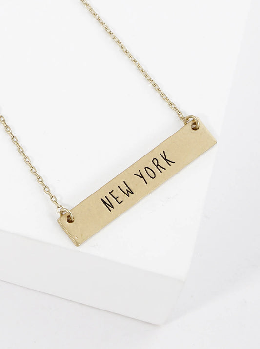 New York Engraved Horizontal Bar Pendant Necklace