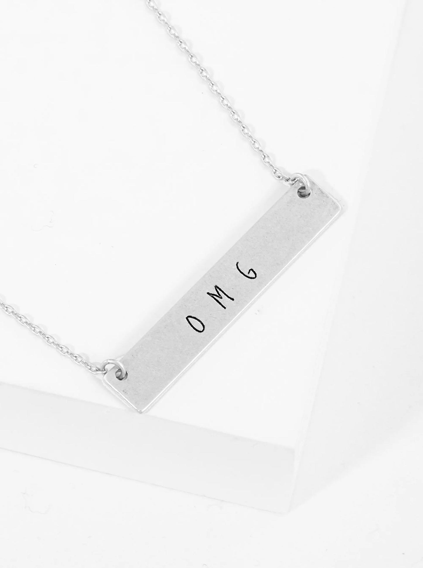 OMG Engraved Horizontal Bar Pendant Necklace