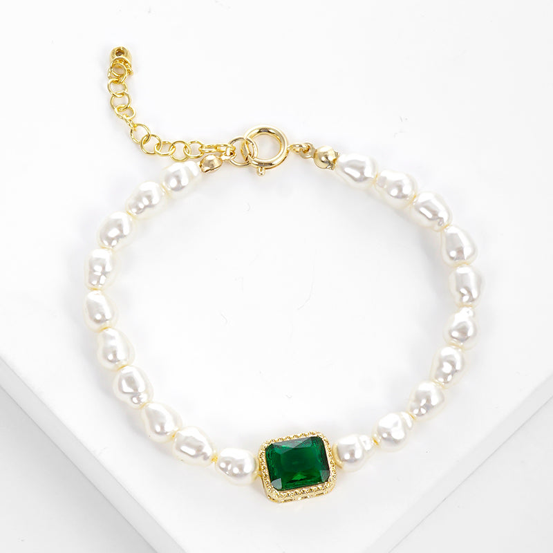 Green Stone and Pearl Beaded Bracelet — PB2748