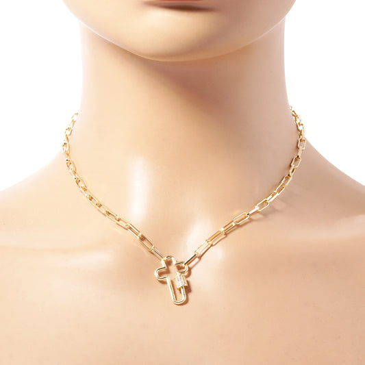 Gold Filled Chain Choker with Cut-Out Cross Lock Pendant
