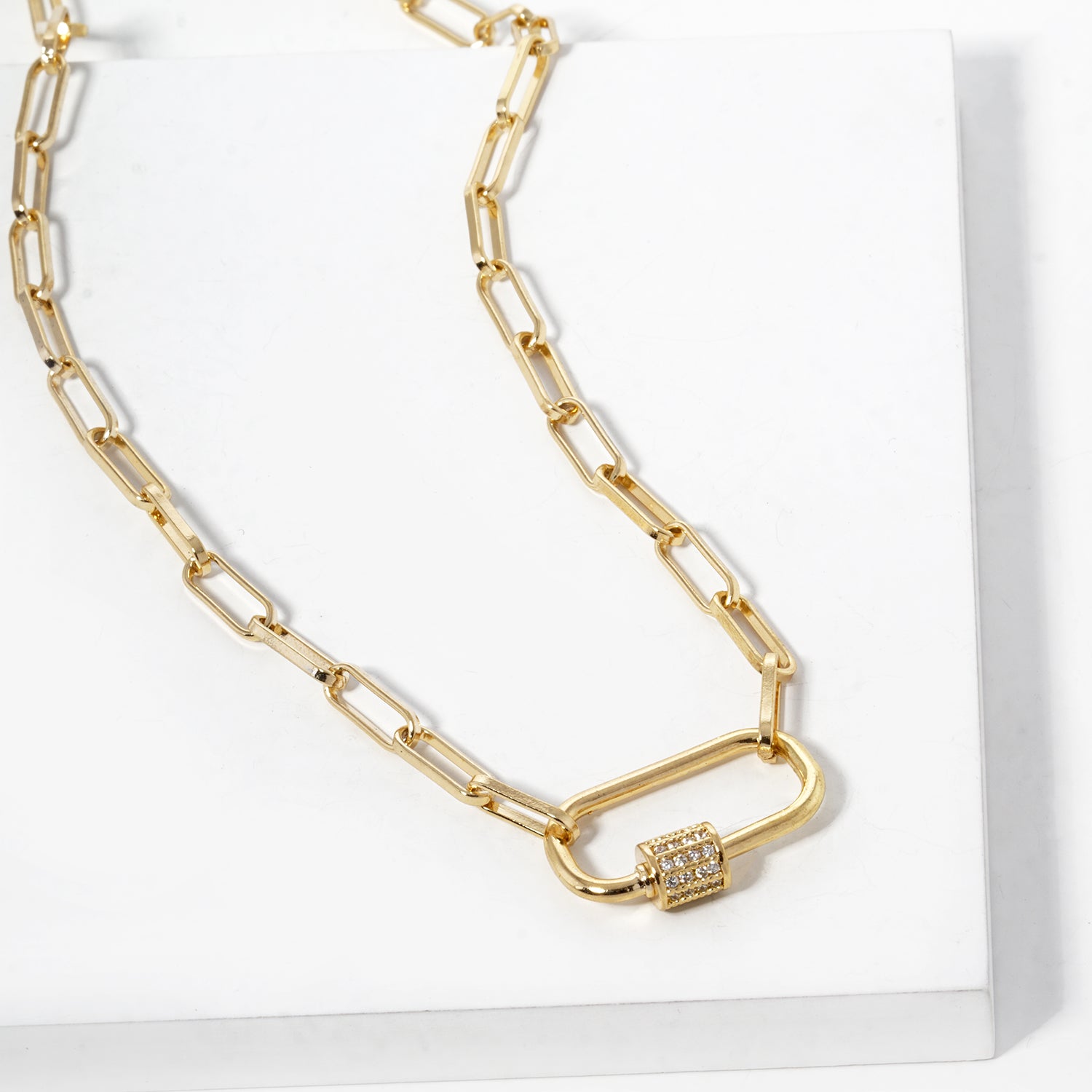 Braided Chain CZ Carabiner Necklace - Gold Leaf