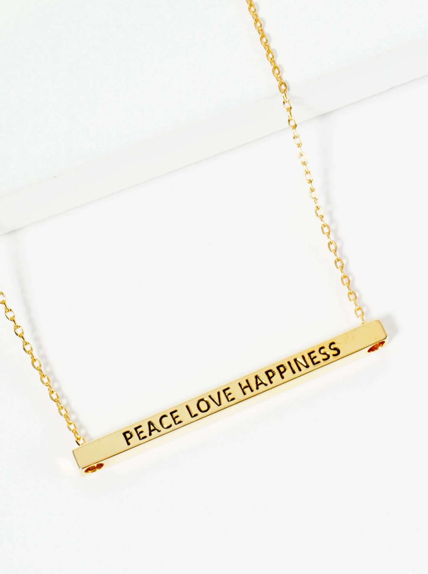 Peace Love Happiness Engraved 18K Gold Dipped Horizontal Brass Bar Pendant Inspirational Necklace