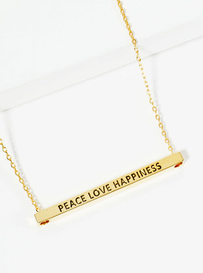 Peace Love Happiness Engraved 18K Gold Dipped Horizontal Brass Bar Pendant Inspirational Necklace