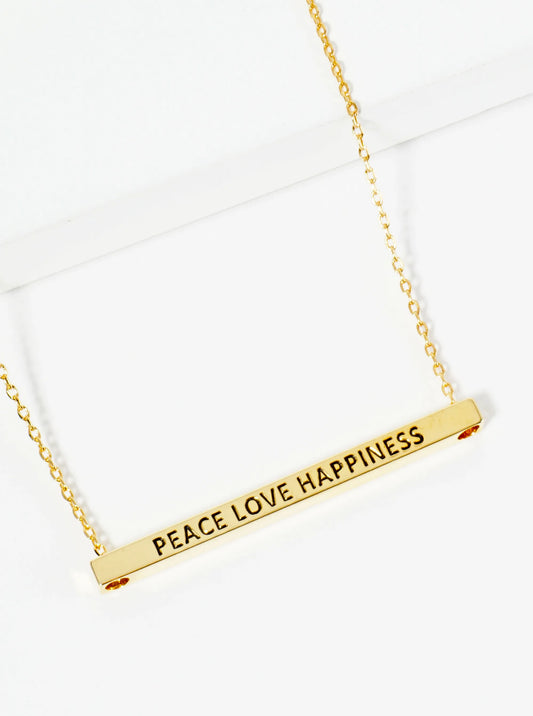 Peace Love Happiness Engraved 18K Gold Dipped Horizontal Brass Bar Pendant Inspirational Necklace
