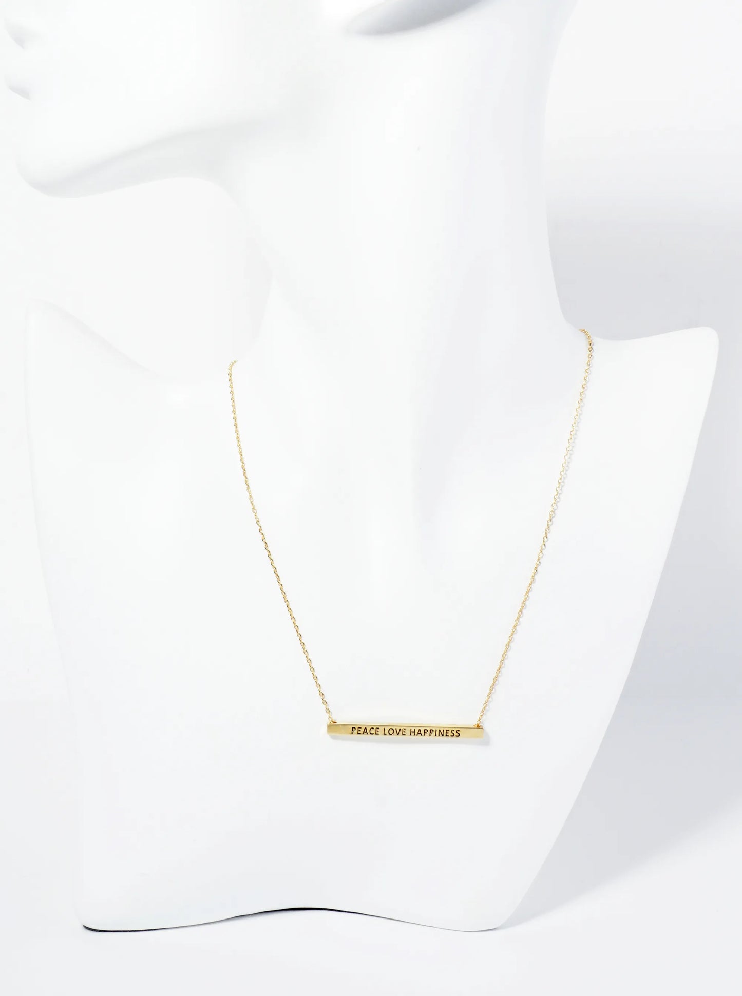 Peace Love Happiness Engraved 18K Gold Dipped Horizontal Brass Bar Pendant Inspirational Necklace