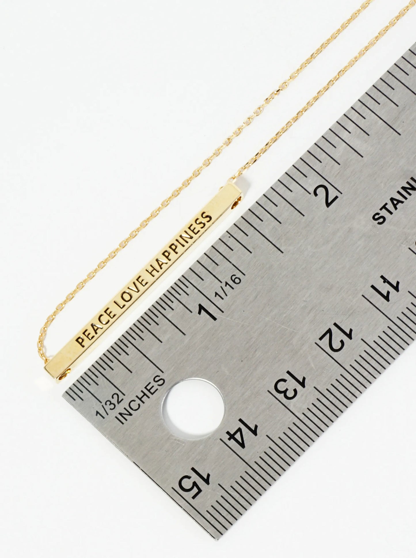 Peace Love Happiness Engraved 18K Gold Dipped Horizontal Brass Bar Pendant Inspirational Necklace