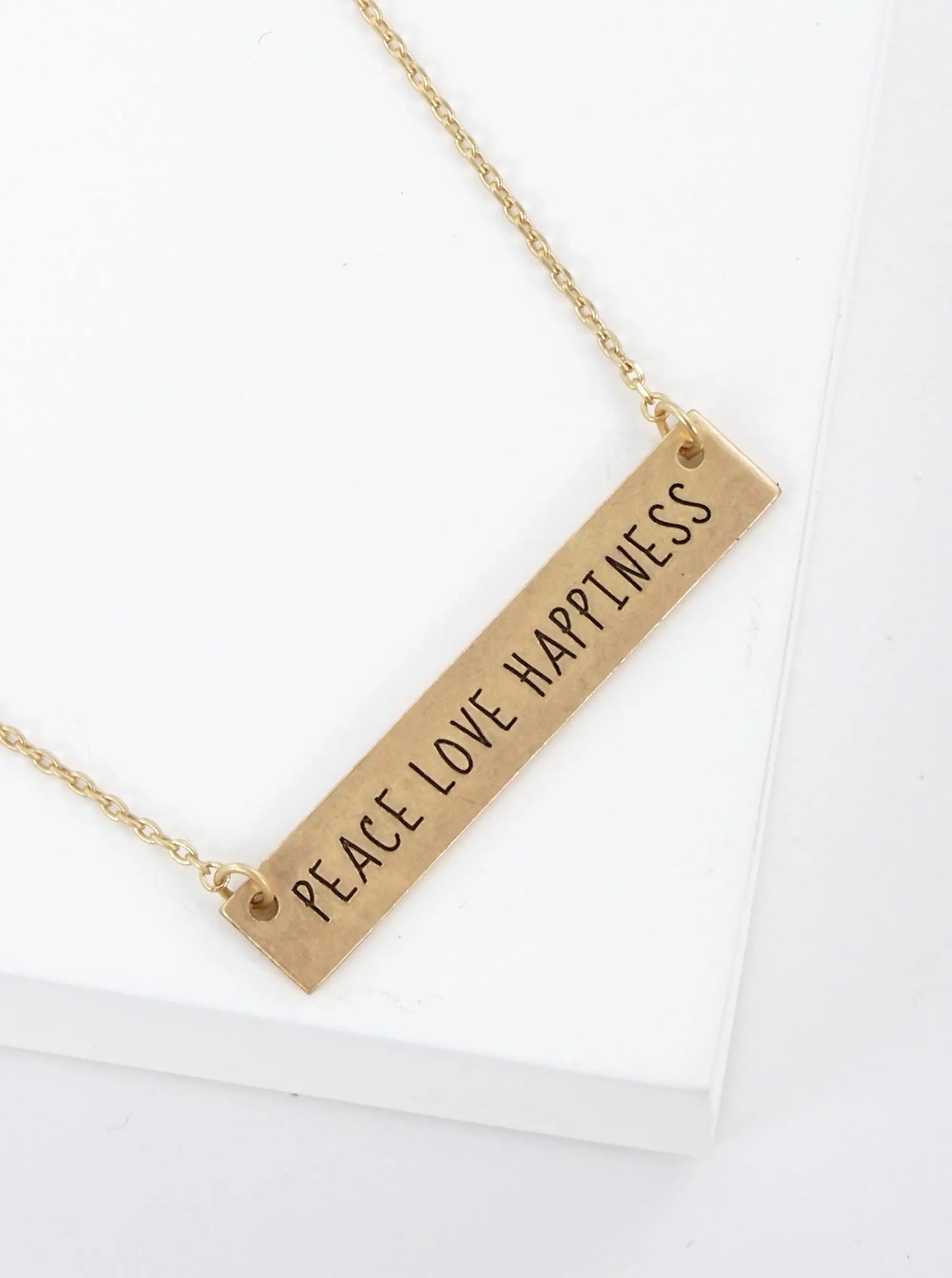 Peace Love Happiness Engraved Horizontal Bar Pendant Necklace