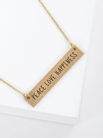 Peace Love Happiness Engraved Horizontal Bar Pendant Necklace
