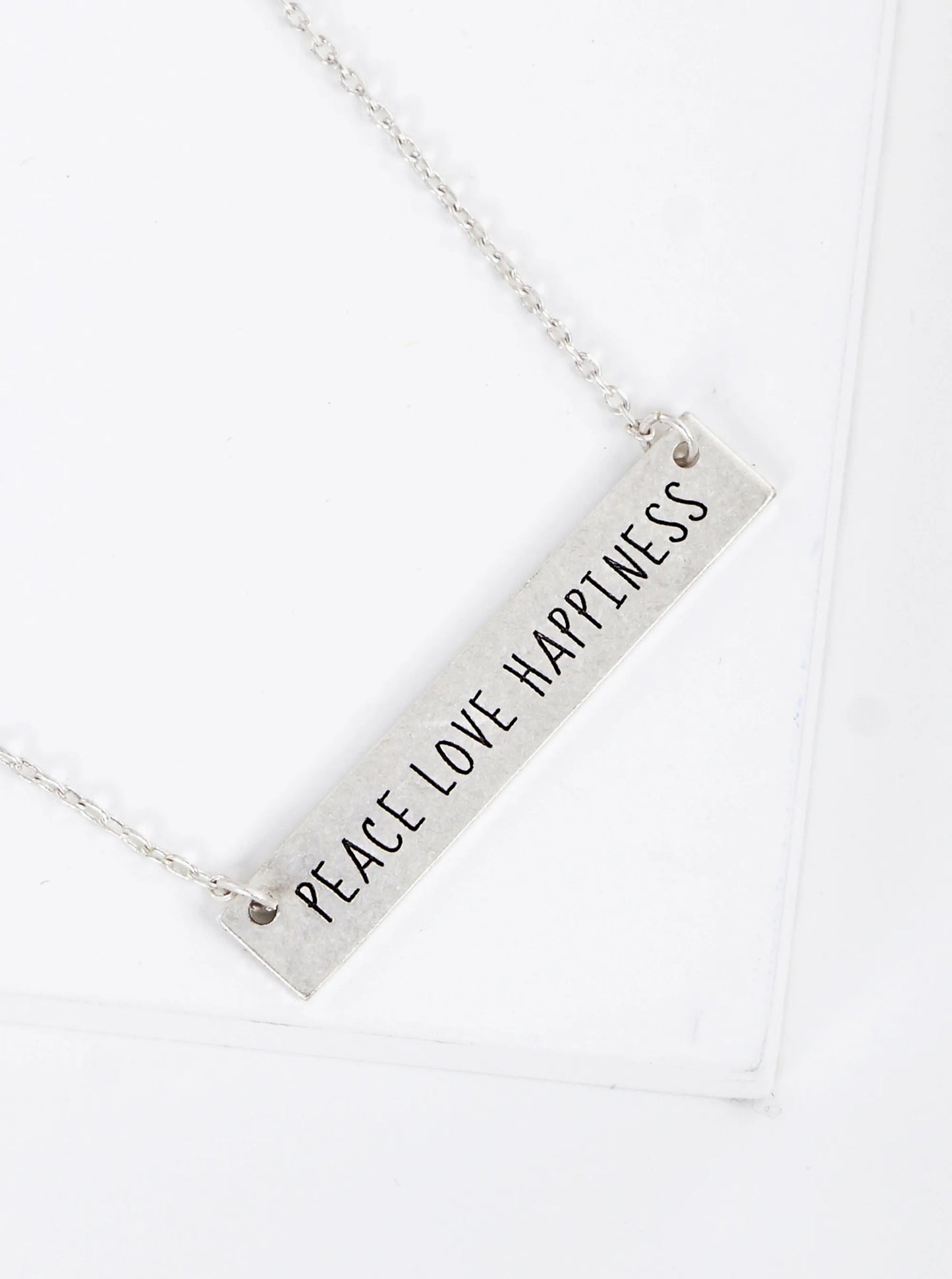 Peace Love Happiness Engraved Horizontal Bar Pendant Necklace