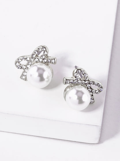 Pearl Bead Drop Crystal Pave Ribbon Bow Stud Earrings