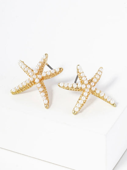 Pearl And Crystal Pave 20mm Starfish Stud Earrings