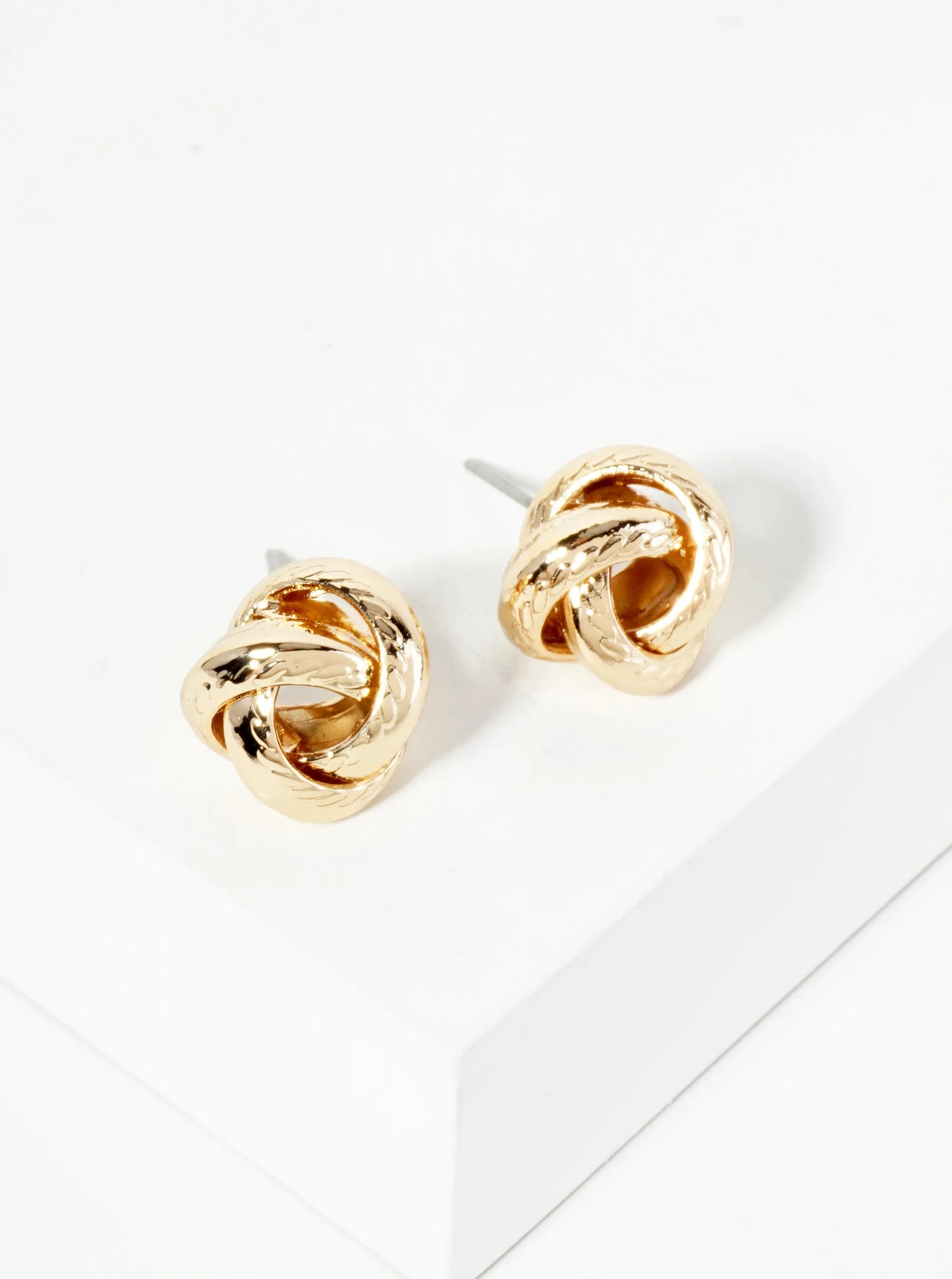 Polished Metal Textured 12mm Love Knot Stud Earrings