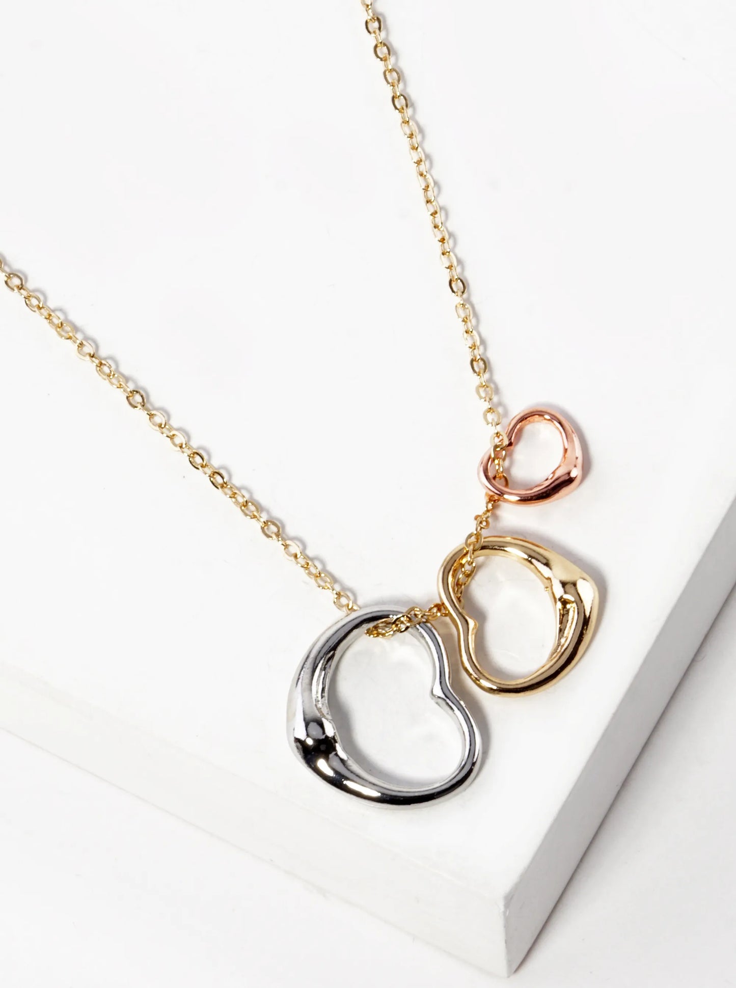 Polished Metal Three Hearts Pendant Necklace