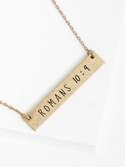 Romans 10 9 Engraved Horizontal Bar Pendant Necklace