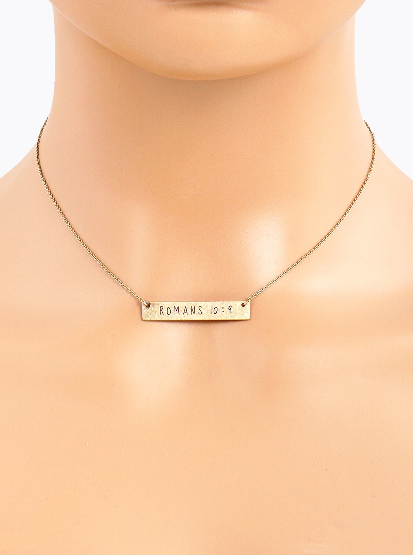 Romans 10 9 Engraved Horizontal Bar Pendant Necklace