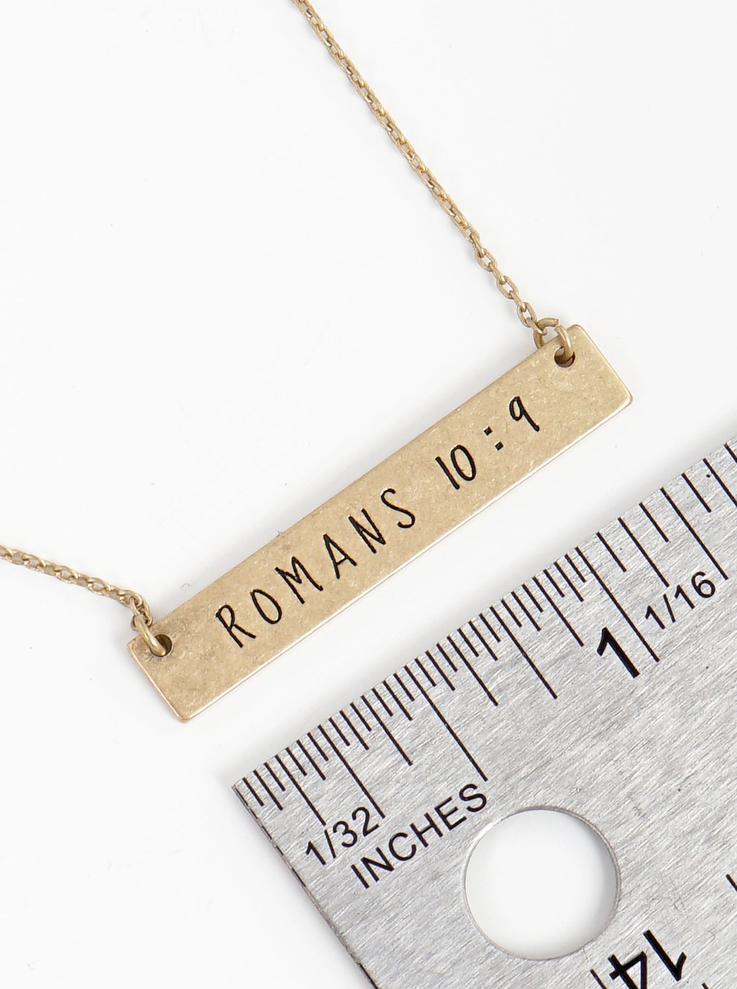Romans 10 9 Engraved Horizontal Bar Pendant Necklace