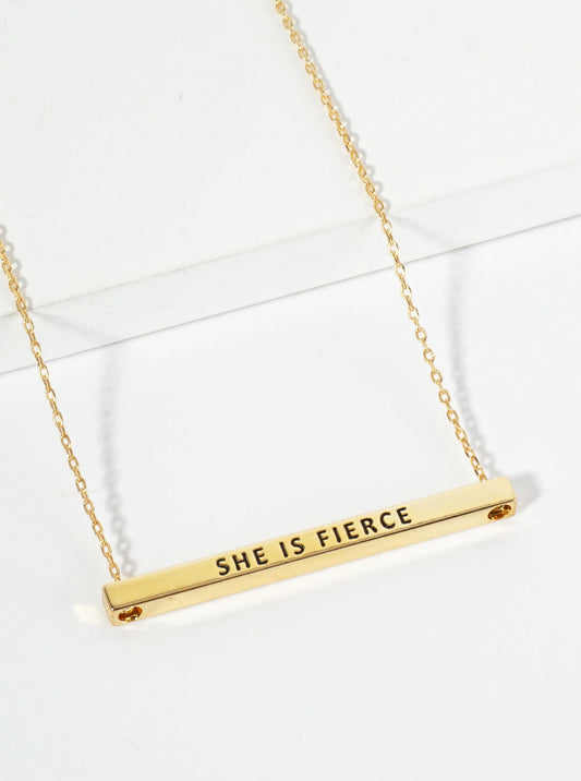 She Is Fierce Engraved 18K Gold Dipped Horizontal Brass Bar Pendant Inspirational Necklace
