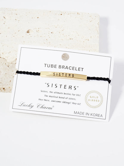 Sisters Engraved 18K Gold Dipped Curved Brass Tube Bar Adjustable Pull Tie Bracelet