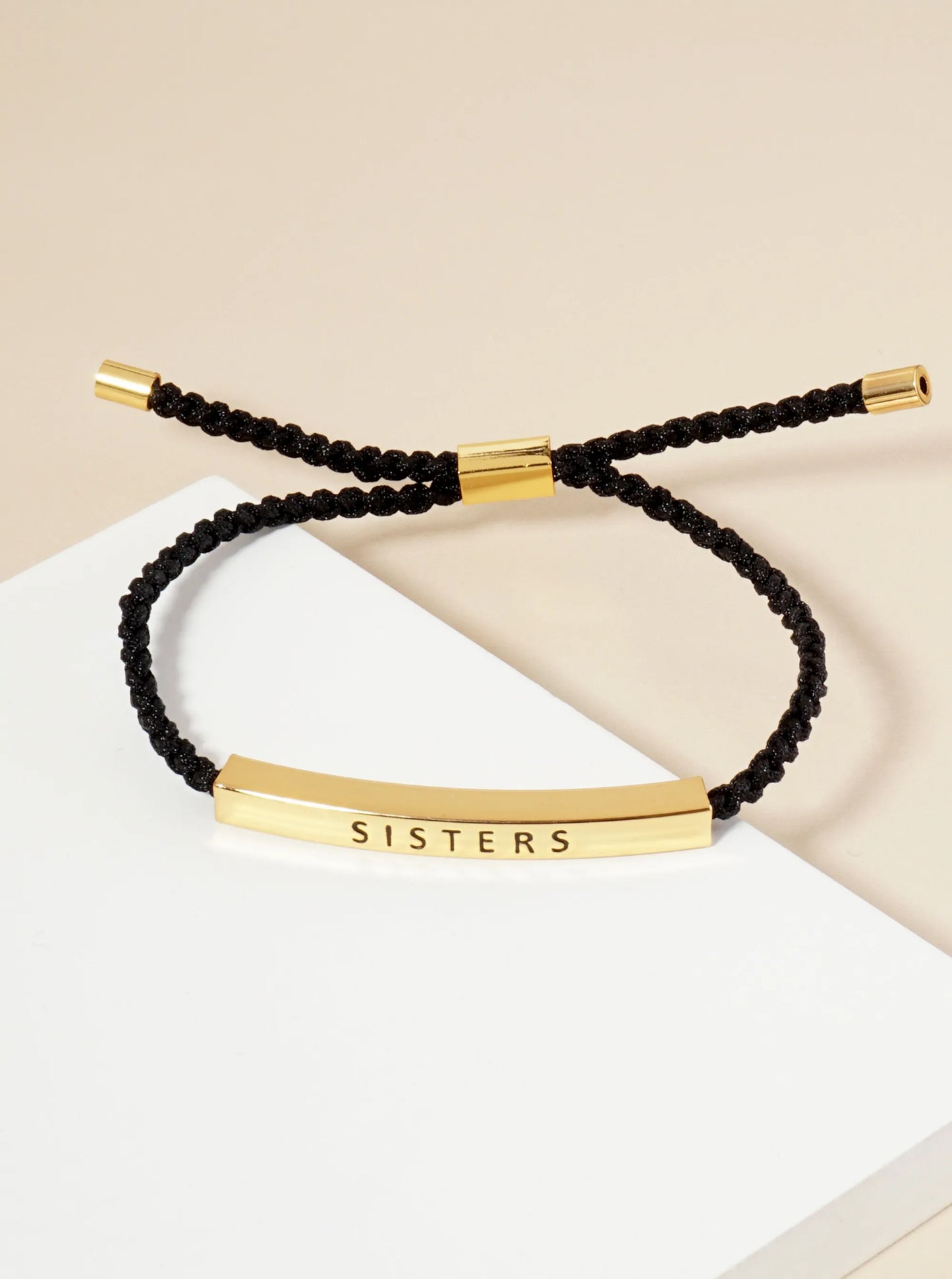 Sisters Engraved 18K Gold Dipped Curved Brass Tube Bar Adjustable Pull Tie Bracelet