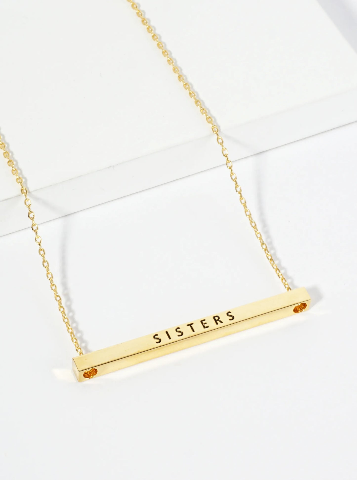 Sisters Engraved 18K Gold Dipped Horizontal Brass Bar Pendant Inspirational Necklace