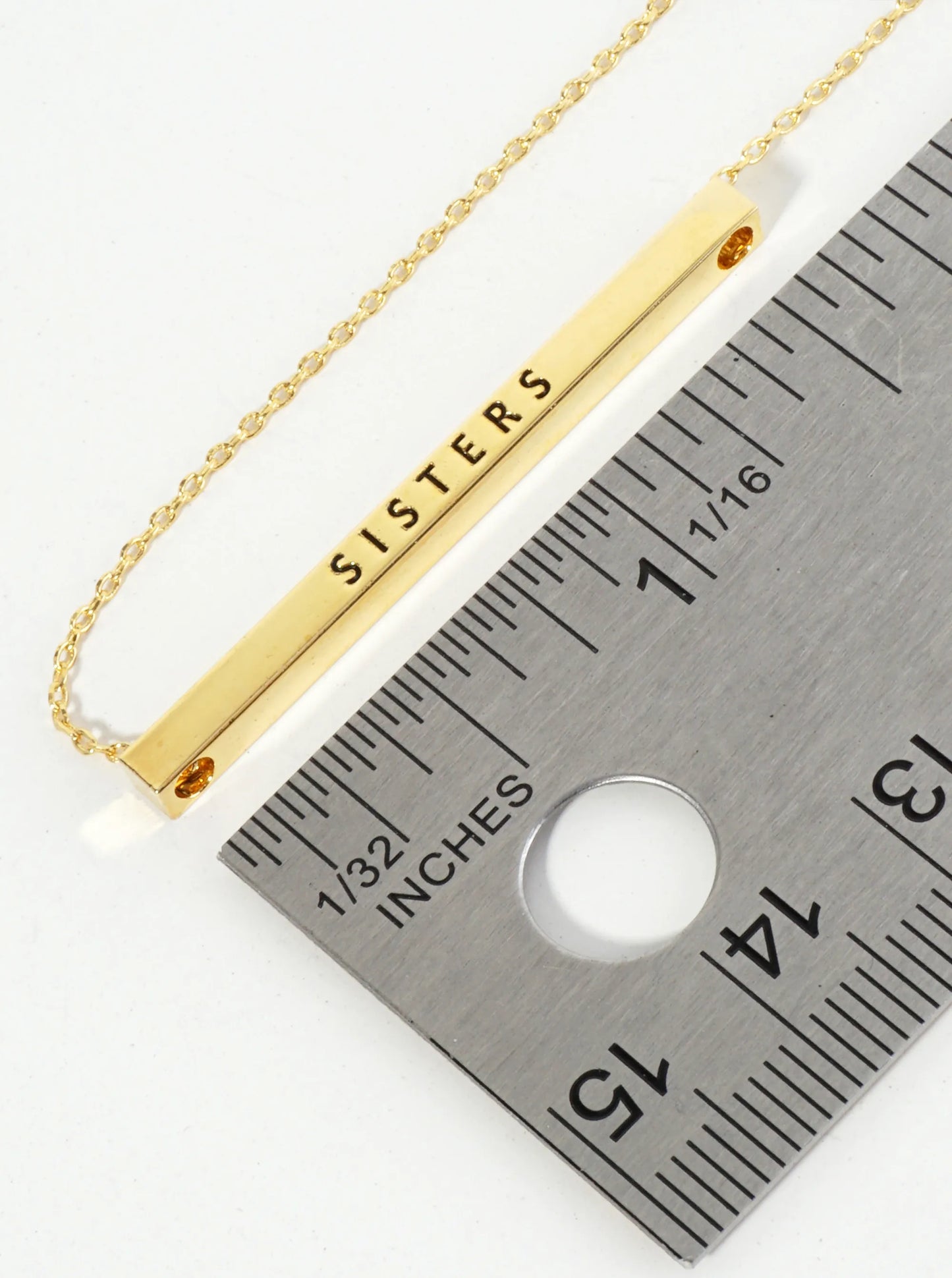 Sisters Engraved 18K Gold Dipped Horizontal Brass Bar Pendant Inspirational Necklace