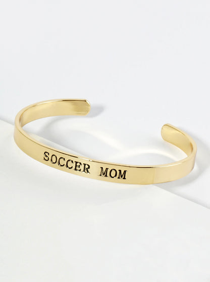 Soccer Mom Engraved 18K Gold Dipped Open Cuff Bangle Bracelet