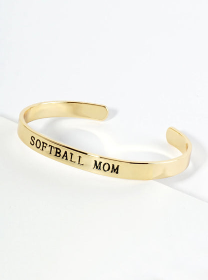 Softball Mom Engraved 18K Gold Dipped Open Cuff Bangle Bracelet