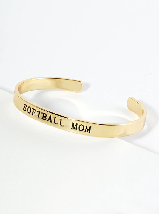 Softball Mom Engraved 18K Gold Dipped Open Cuff Bangle Bracelet