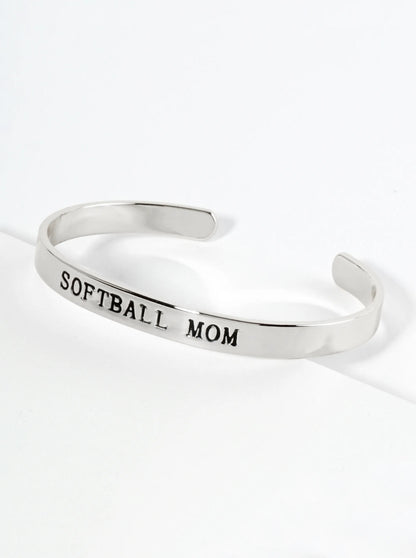 Softball Mom Engraved 18K Gold Dipped Open Cuff Bangle Bracelet