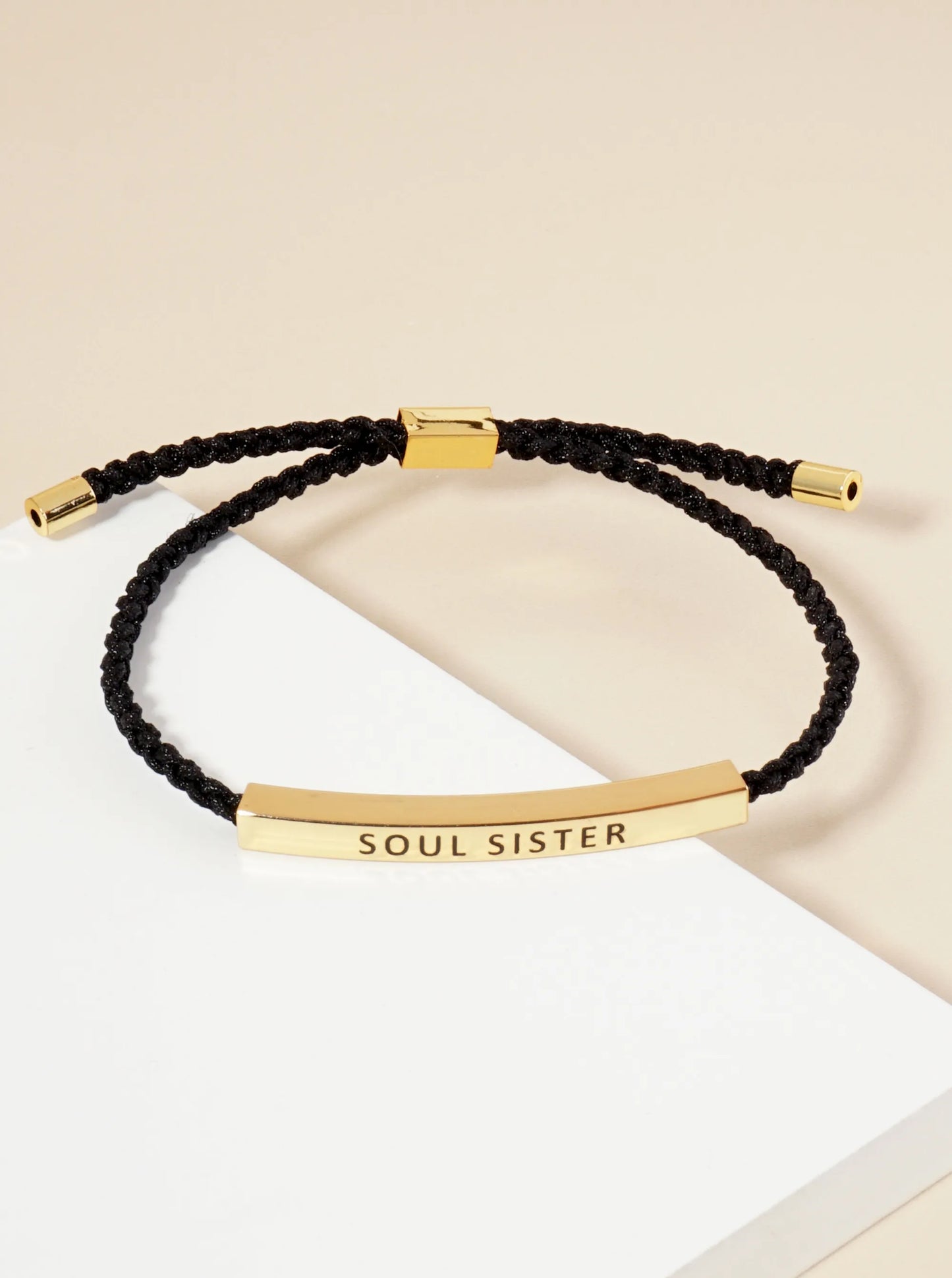 Soul Sister Engraved 18K Gold Dipped Curved Brass Tube Bar Adjustable Pull Tie Bracelet