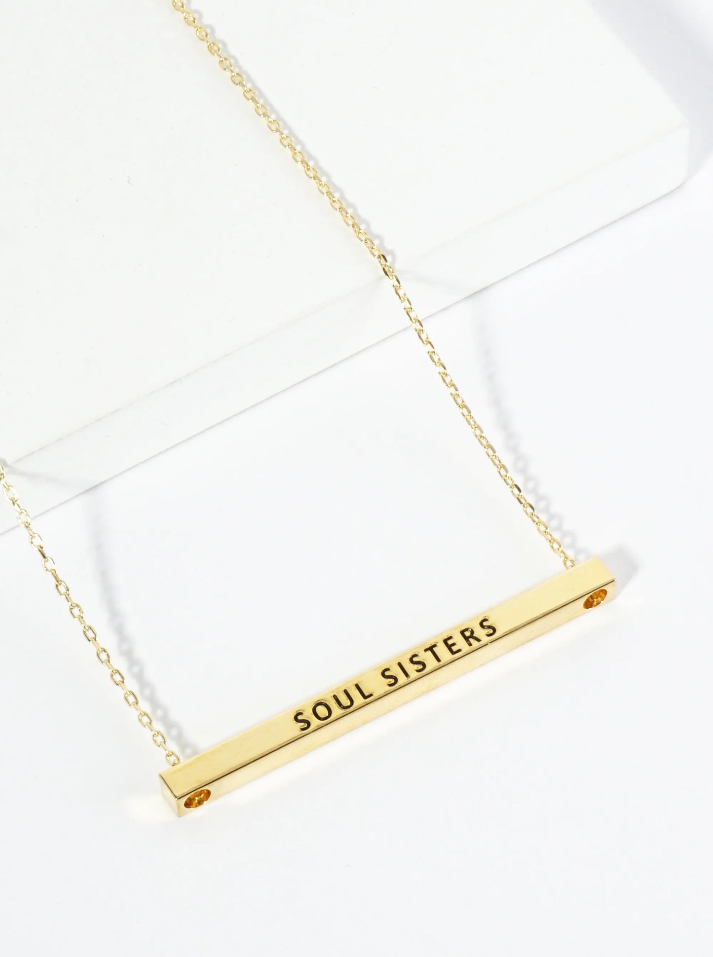 Soul Sisters Engraved 18K Gold Dipped Horizontal Brass Bar Pendant Inspirational Necklace