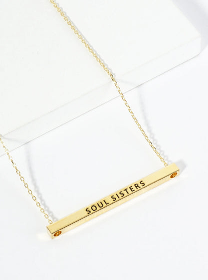 Soul Sisters Engraved 18K Gold Dipped Horizontal Brass Bar Pendant Inspirational Necklace