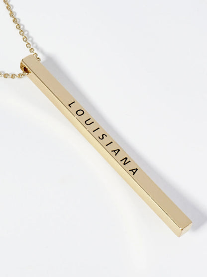 State Of Louisiana Engraved Vertical Bar Pendant Necklace