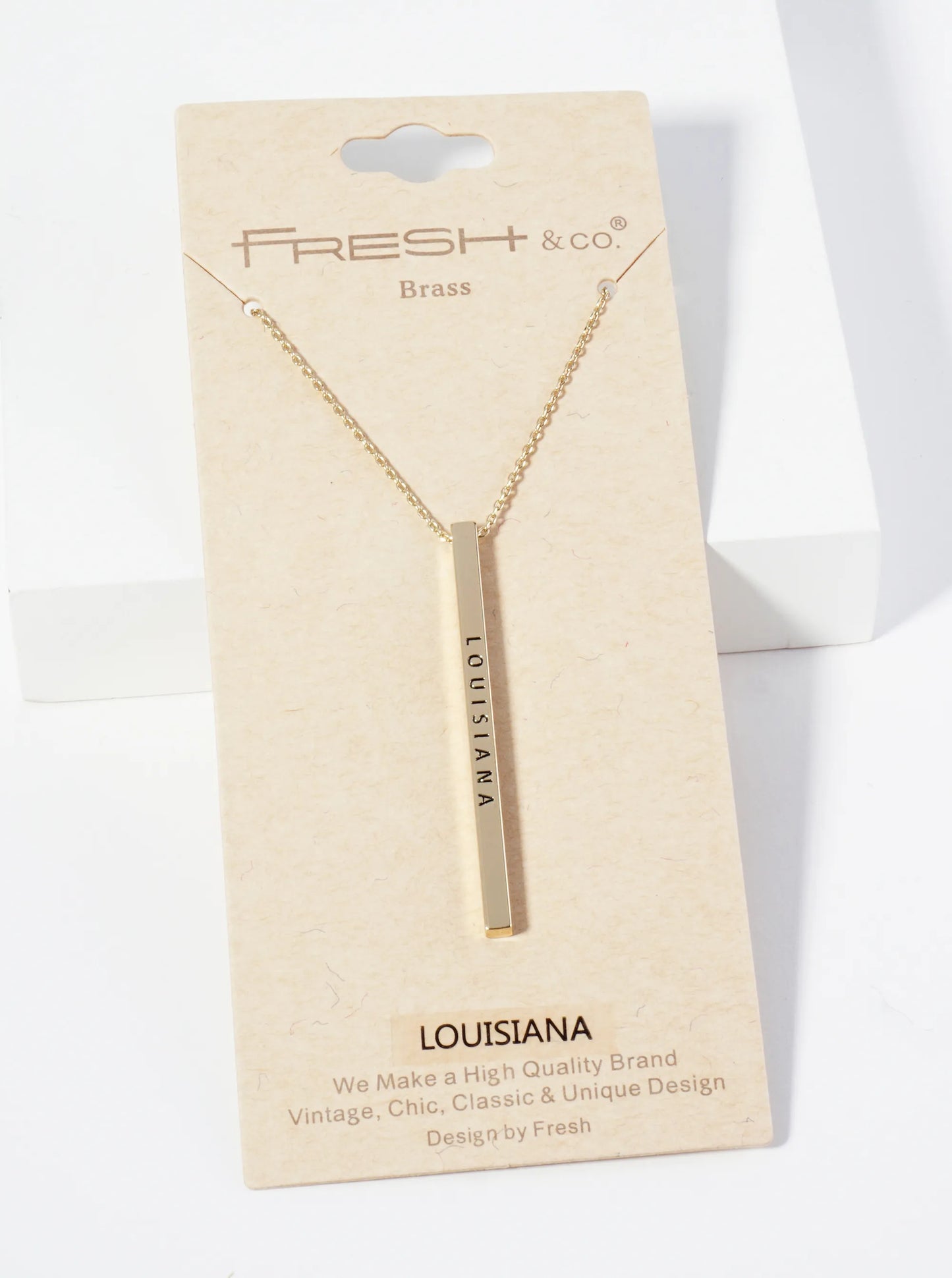 State Of Louisiana Engraved Vertical Bar Pendant Necklace