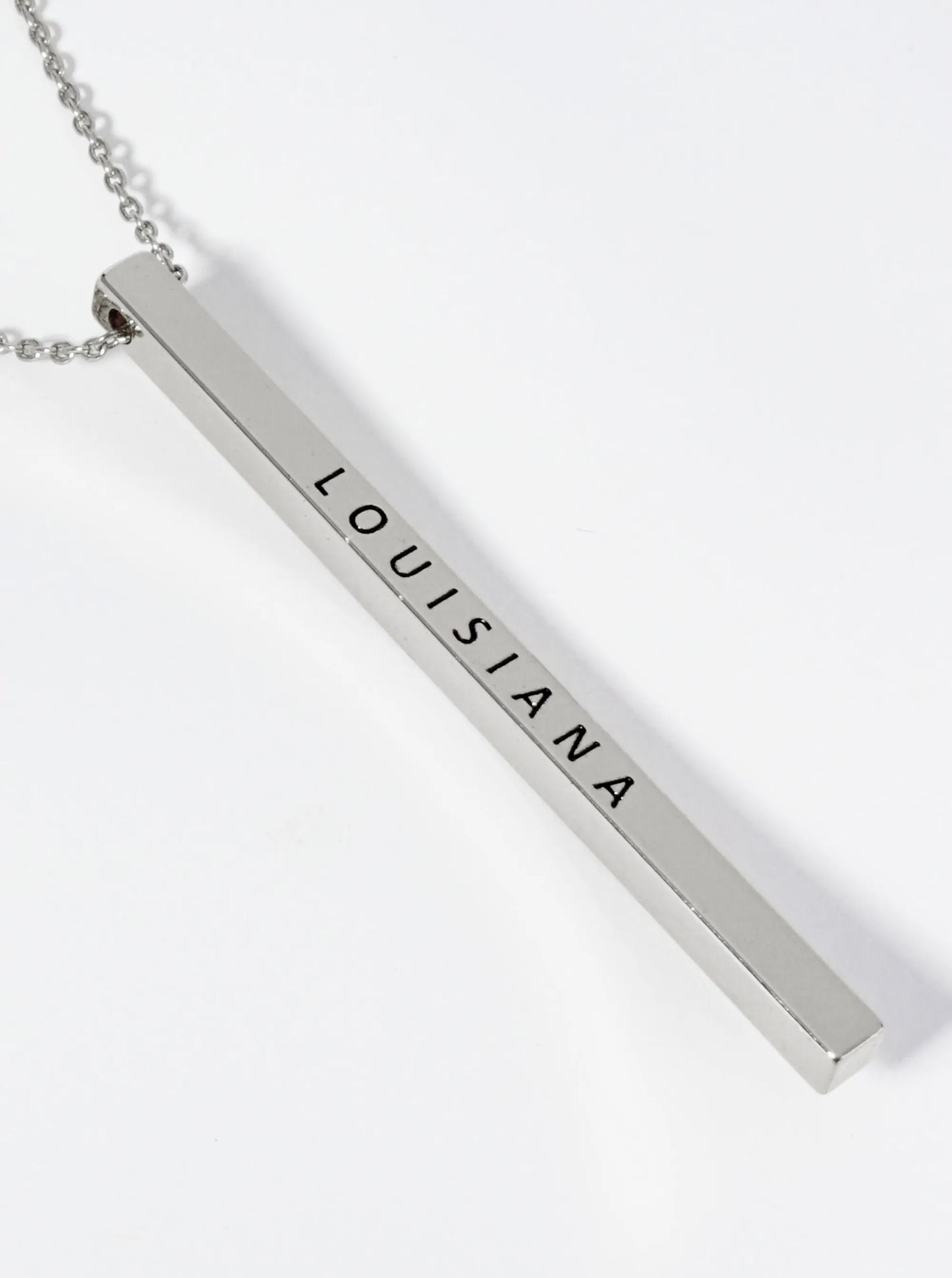 State Of Louisiana Engraved Vertical Bar Pendant Necklace