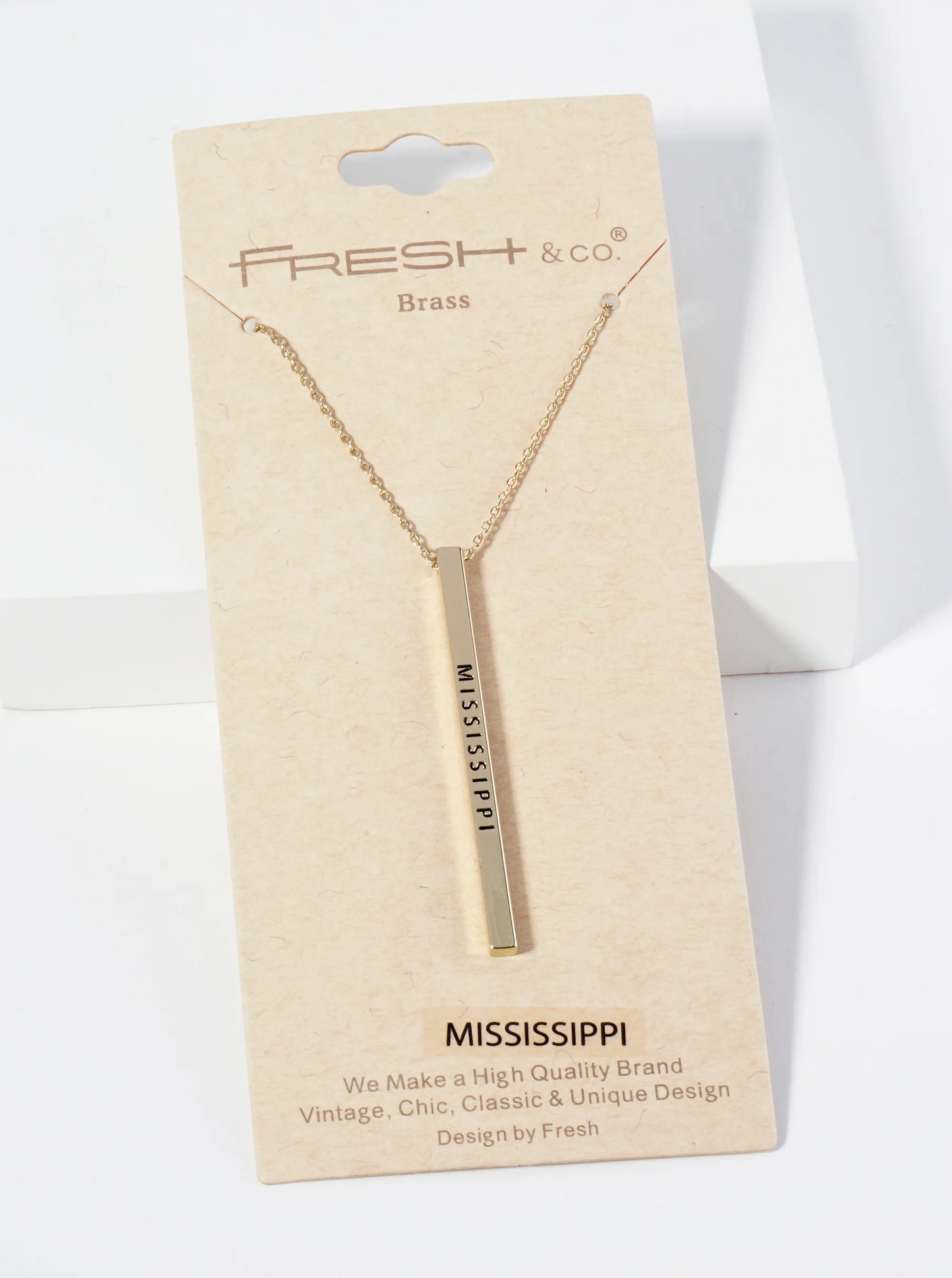 State Of Mississippi Engraved Vertical Bar Pendant Necklace