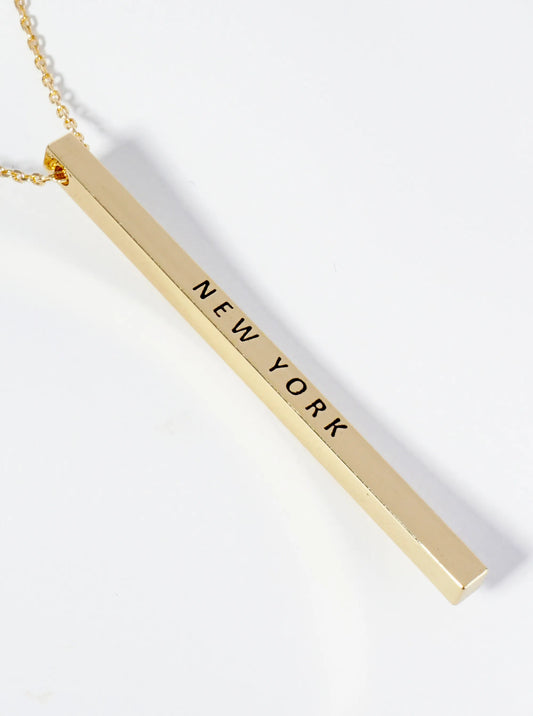 State Of New York Engraved Vertical Bar Pendant Necklace