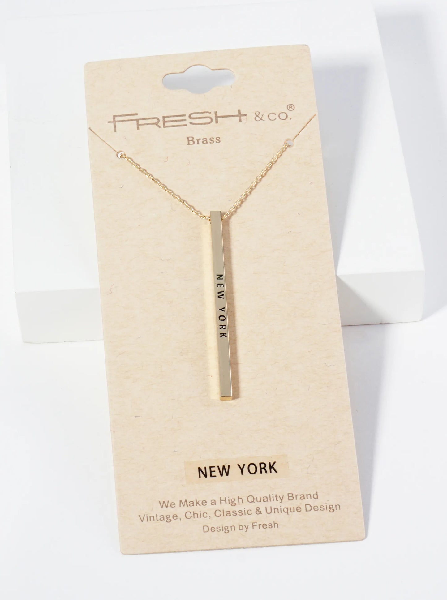 State Of New York Engraved Vertical Bar Pendant Necklace
